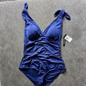 Jantzen Ruched shoulder tie One Piece Surplus Draped NAVY Swimsuit Sz 10